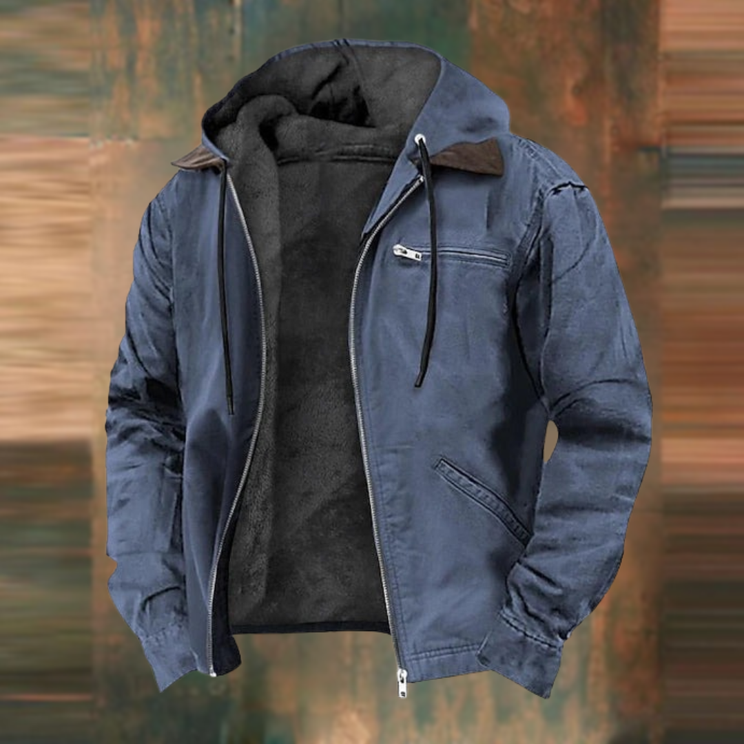 Stylish men's lightweight hooded zip-up jacket, ideal for urban fashion & outdoor activities. Comfortable outerwear.