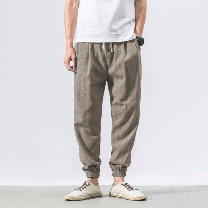 Breathable lightweight men's summer pants, ideal for casual warm weather outfits.