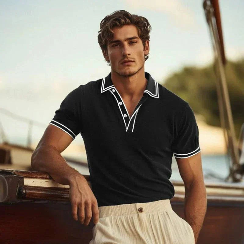 Close-up of a men's breathable knit polo shirt, highlighting the lightweight texture ideal for summer fashion.
