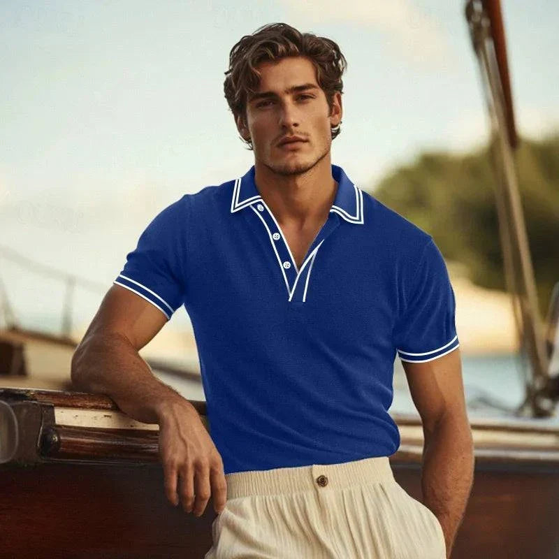 Men's fashion knit polo, designed for summer with a breathable, lightweight fabric and smart casual look.