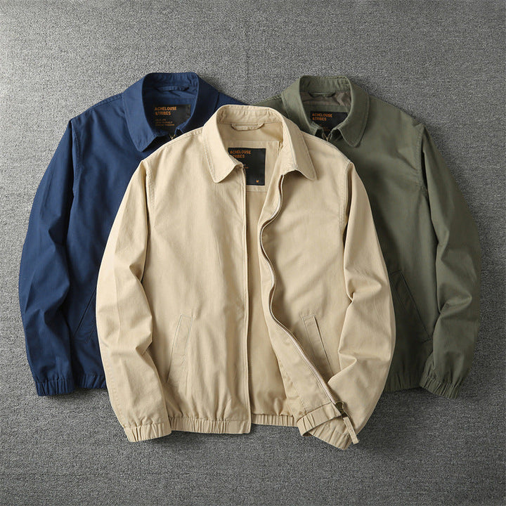 Beige men's lightweight zip-up jacket, perfect for effortless layering & casual everyday style.