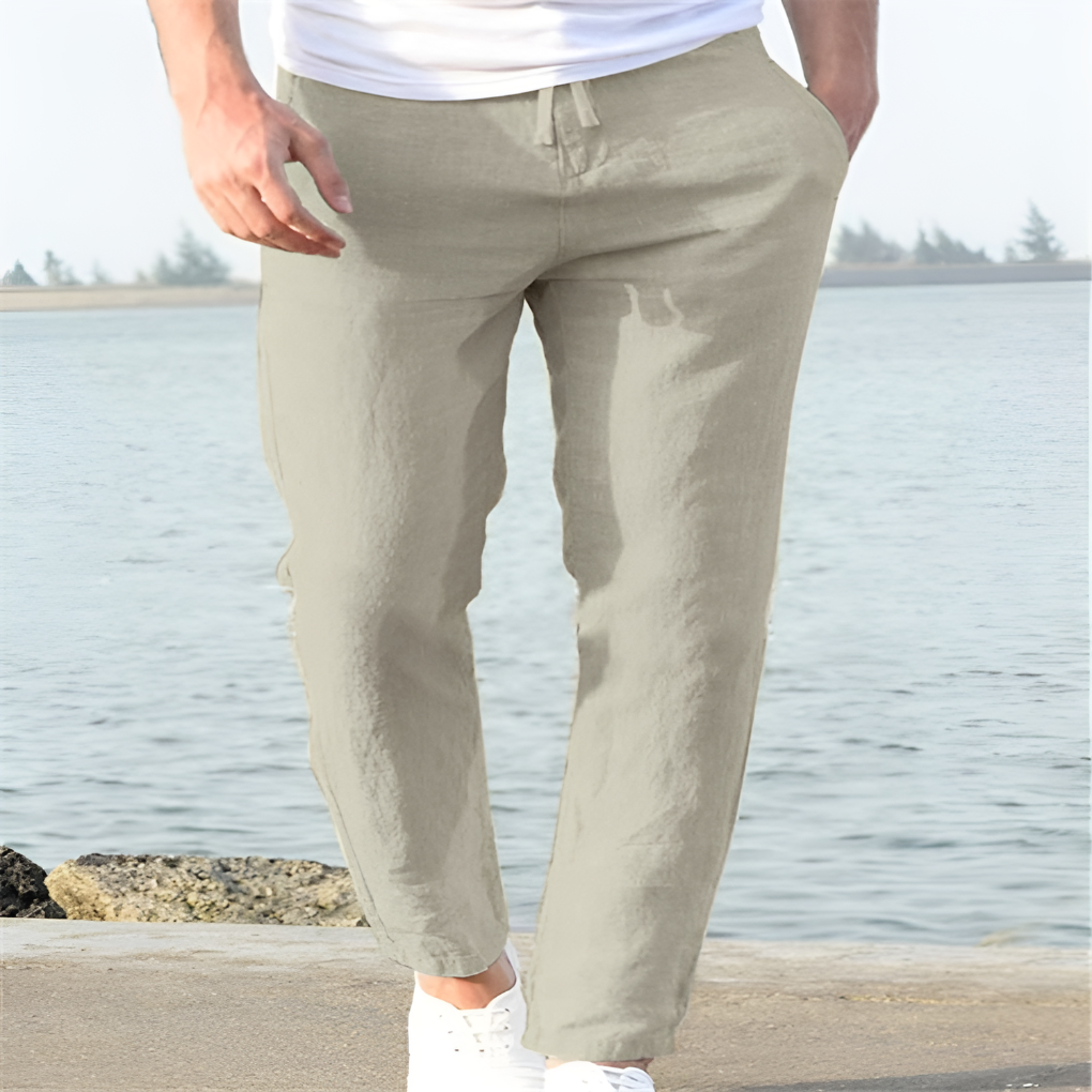 Breathable men's summer linen pants, ideal for warm weather. Comfortable relaxed fit for casual wear.