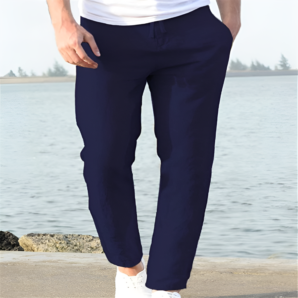 Men's relaxed fit linen blend summer trousers. Lightweight, breathable, and comfortable for warm weather fashion.
