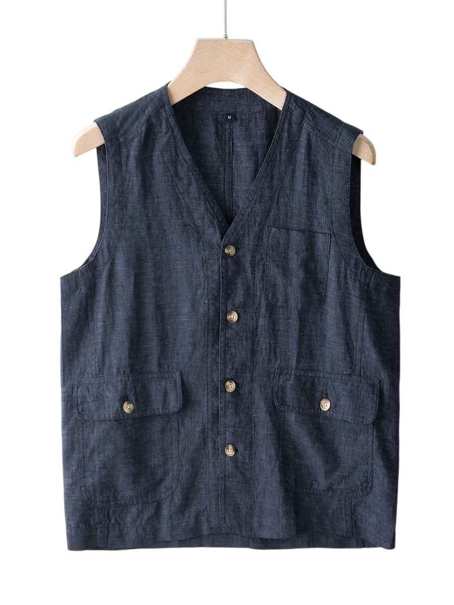 Men's lightweight linen vest, perfect for breathable summer layering. Smart casual style for warm weather.