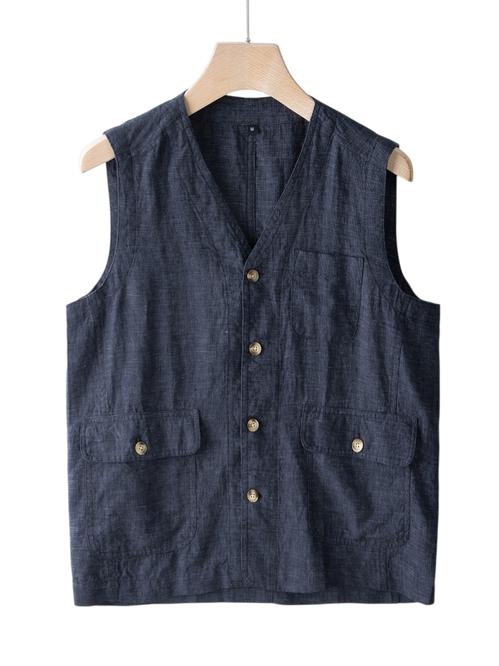 Men's lightweight linen vest, perfect for breathable summer layering. Smart casual style for warm weather.
