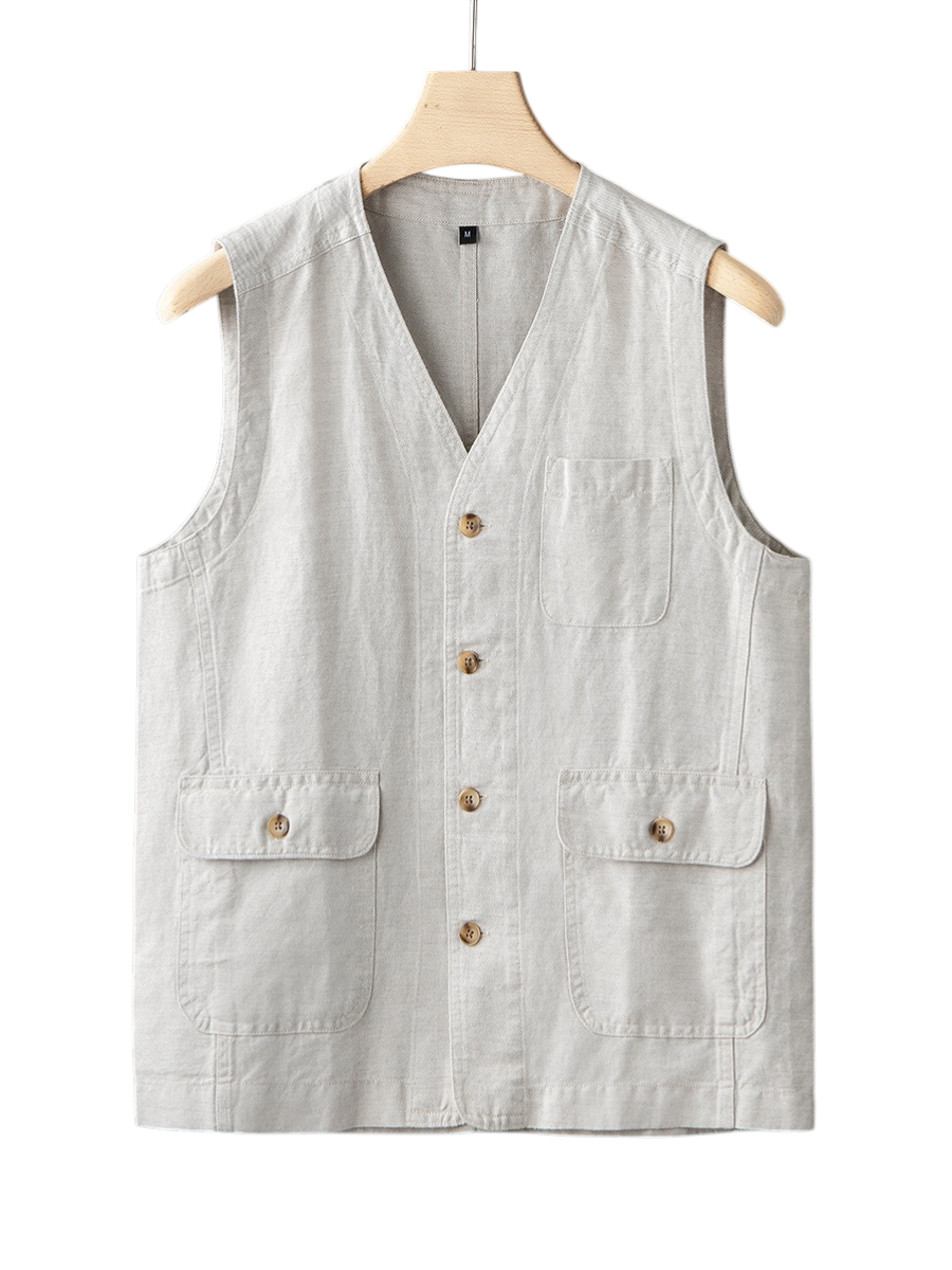 Tailored men's linen vest in a modern style, ideal for smart casual summer outfits. Sleeveless and chic.