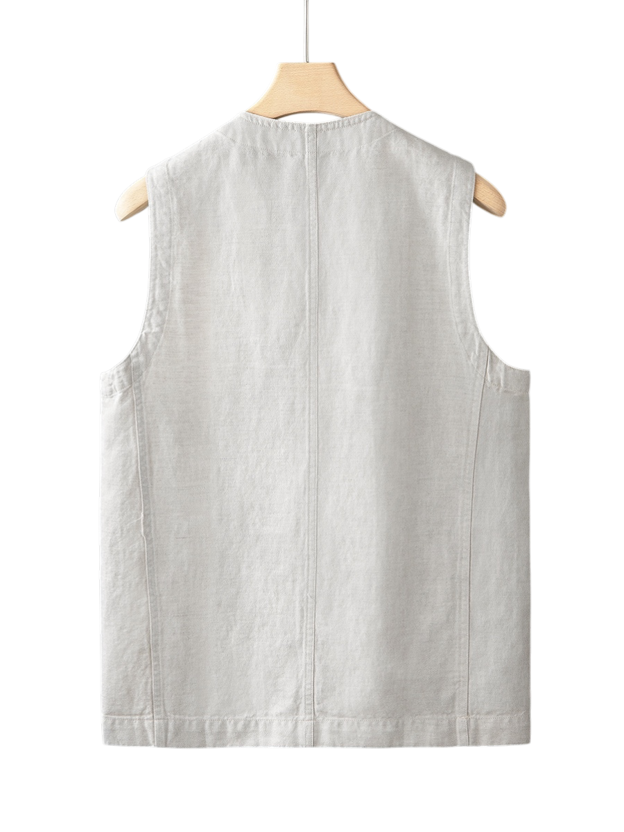 Stylish men's lightweight linen vest, a sleeveless essential for modern summer layering and casual comfort.