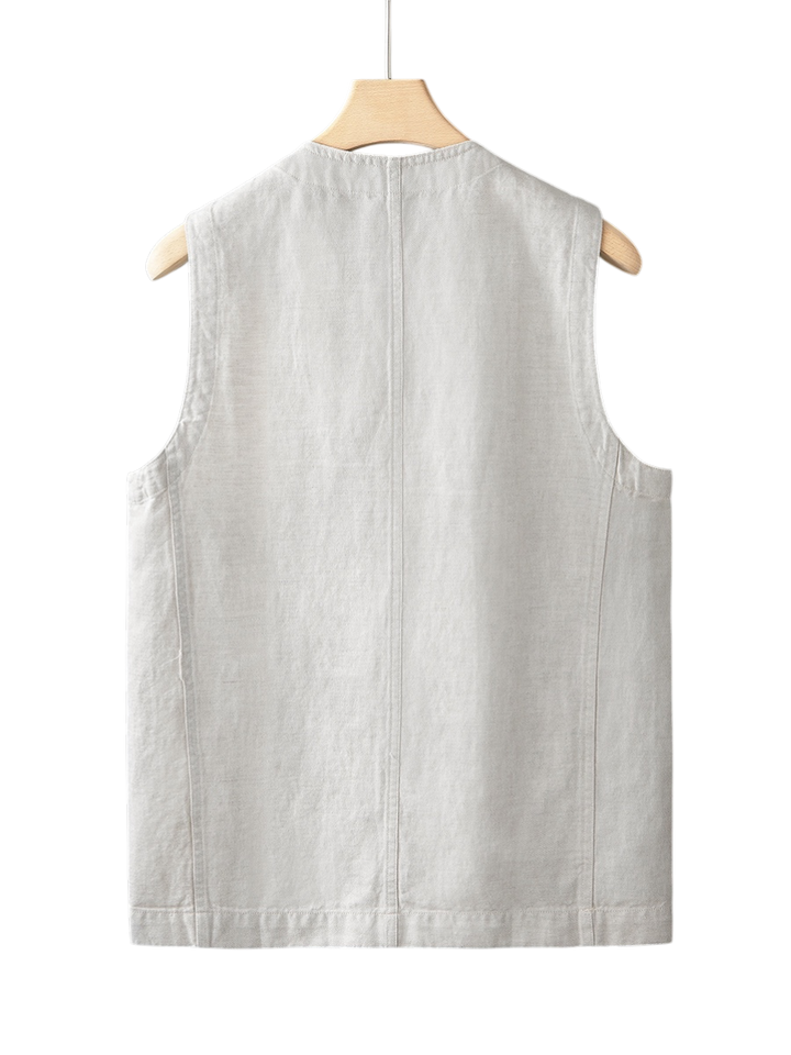 Stylish men's lightweight linen vest, a sleeveless essential for modern summer layering and casual comfort.