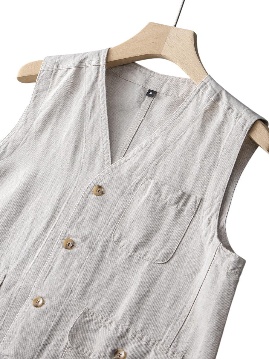 Men's tailored linen vest for smart casual summer outfits. Lightweight and breathable, a modern layering piece.
