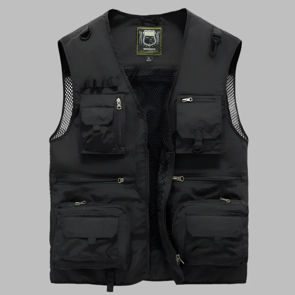 Lightweight men's summer vest with multiple pockets, ideal for warm weather outdoor adventures & casual wear.