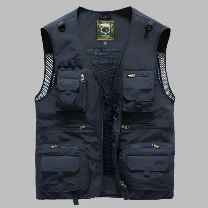 Men's lightweight multi-pocket outdoor vest, a versatile sleeveless utility jacket for summer travel and activities.