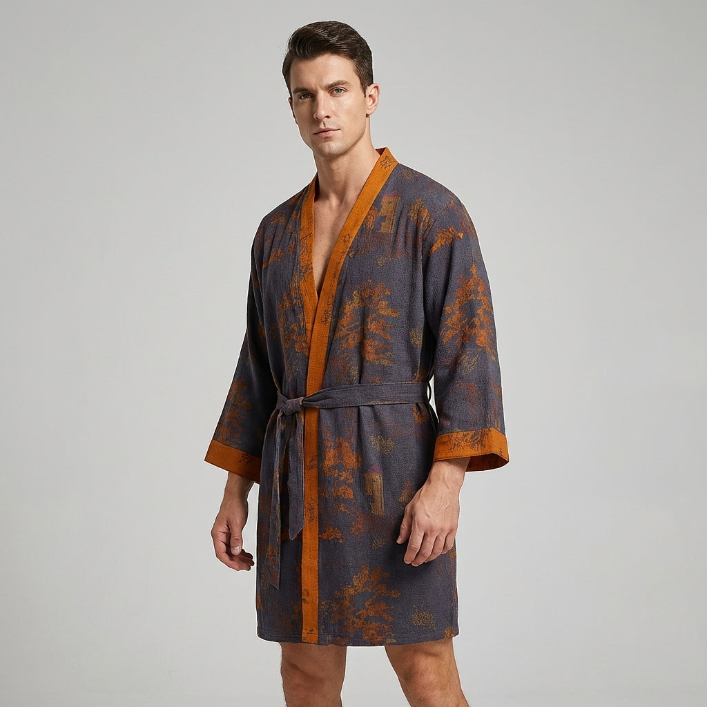 Men's lightweight purple orange printed cotton kimono robe with V-neck and belt tie, perfect loungewear for summer.
