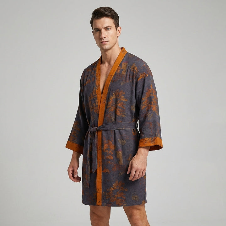Men's lightweight purple orange printed cotton kimono robe with V-neck and belt tie, perfect loungewear for summer.
