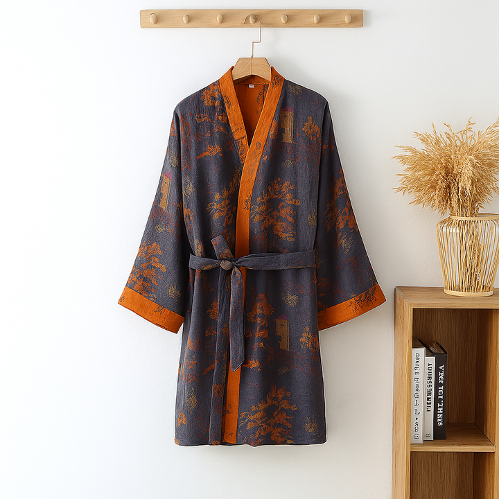 Comfortable men's jacquard cotton kimono robe in purple orange print, featuring V-neck and belt tie for home relaxation.