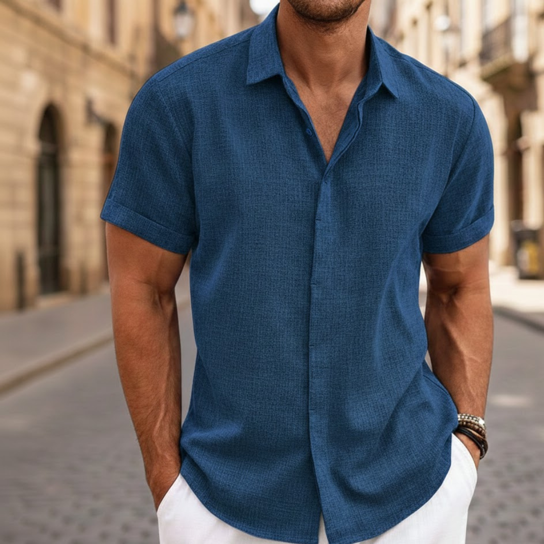 Men's button front short sleeve summer shirt, breathable and comfortable for everyday wear.