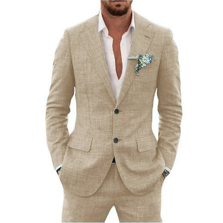 Khaki men's lightweight tailored two-piece suit, comfortable and stylish for summer formal events & parties.