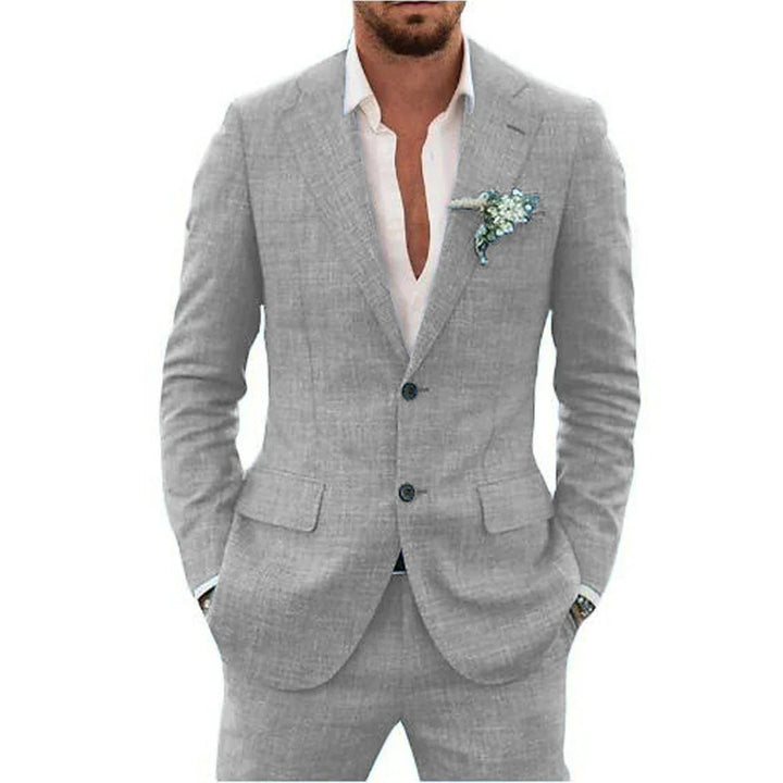 Modern fit men's two-piece suit, lightweight & tailored, ideal for wedding guests, formal events & summer parties.