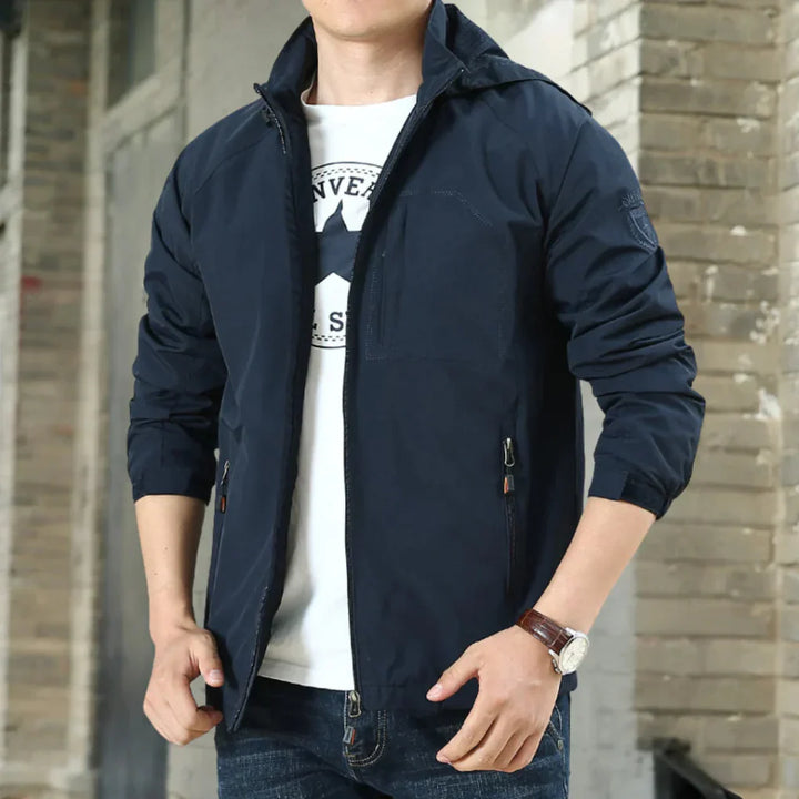 Front view of a men's versatile lightweight transitional jacket, suitable for spring, fall, and everyday wear.