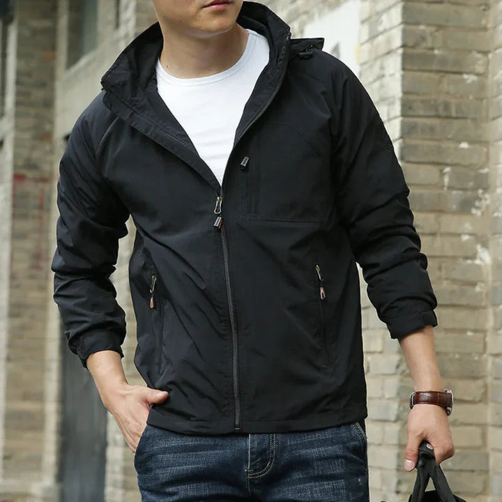 Men's zip-up lightweight jacket, a comfortable transitional windbreaker for casual spring & fall outfits.