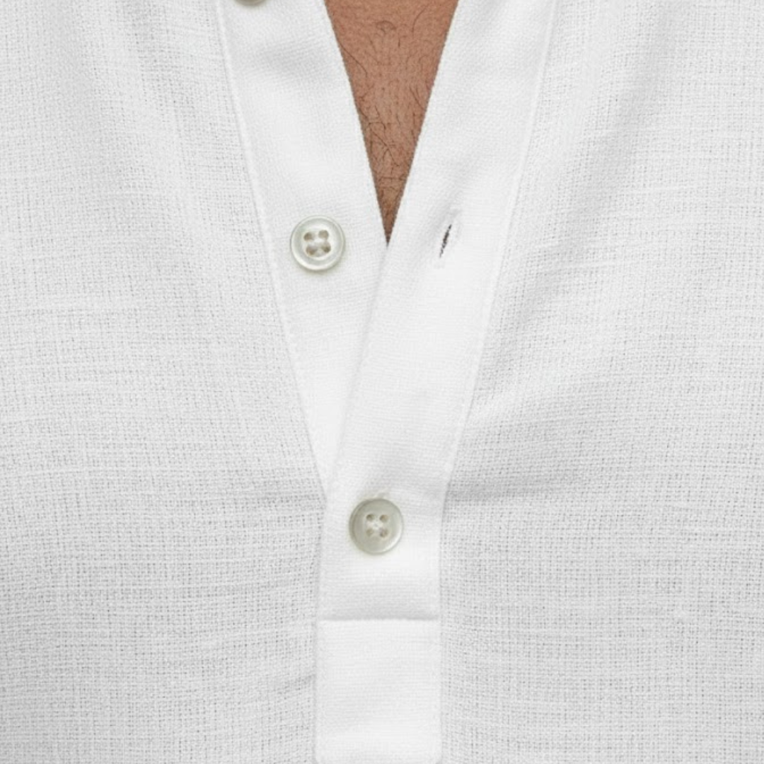 Front view of men's linen blend short sleeve henley shirt, a relaxed fit for summer fashion & everyday casual comfort.