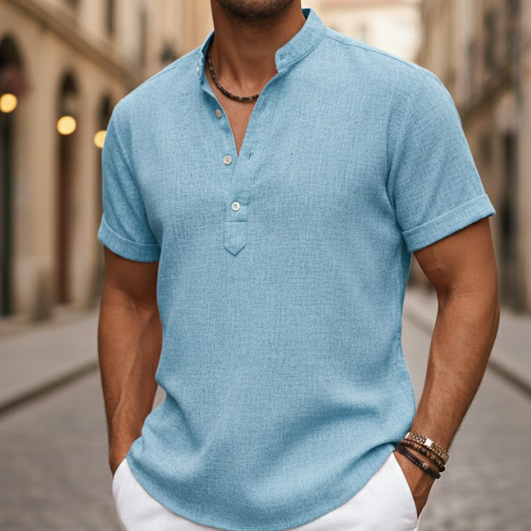 Comfortable men's short sleeve henley shirt in a breathable linen blend, ideal for summer fashion & casual wear.