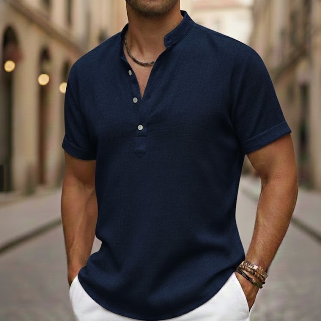 Men's summer style short sleeve henley shirt, made from a comfortable linen blend, perfect for warm weather casual wear.