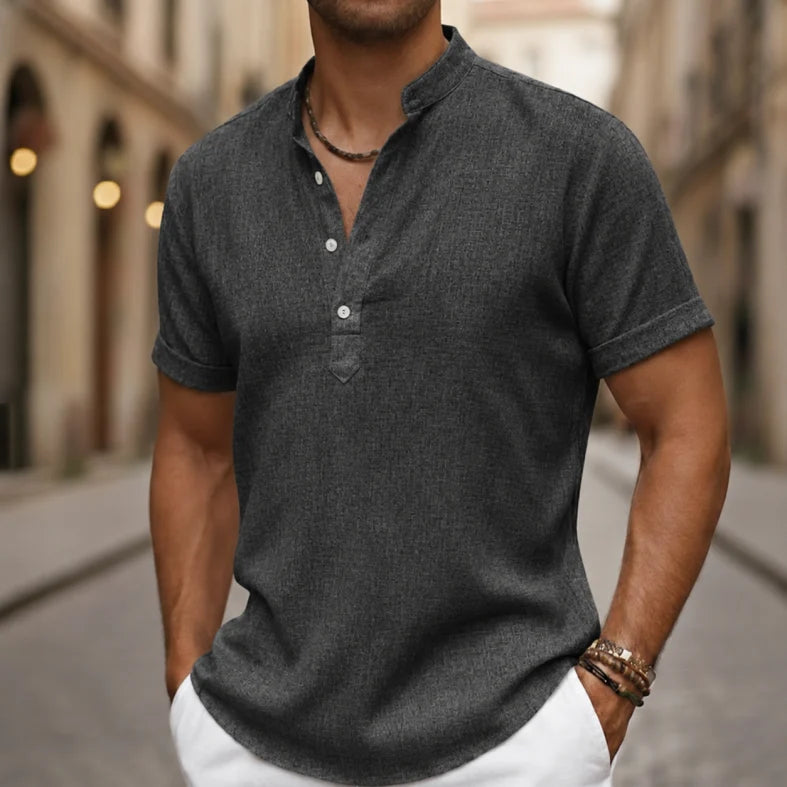Versatile men's short sleeve linen blend henley shirt, great for relaxed fit summer casual wear & comfort.
