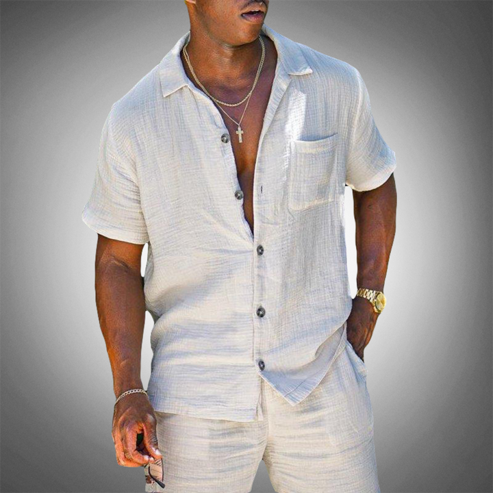 Men's linen blend two-piece set, perfect for summer casual wear. Breathable shirt & shorts combo for ultimate comfort.