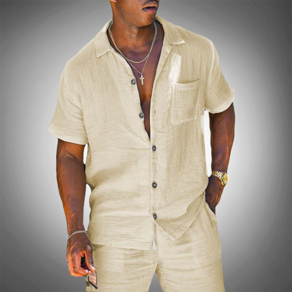 Stylish men's linen blend short-sleeve shirt & matching shorts. Ideal for spring, summer, and lounge comfort.