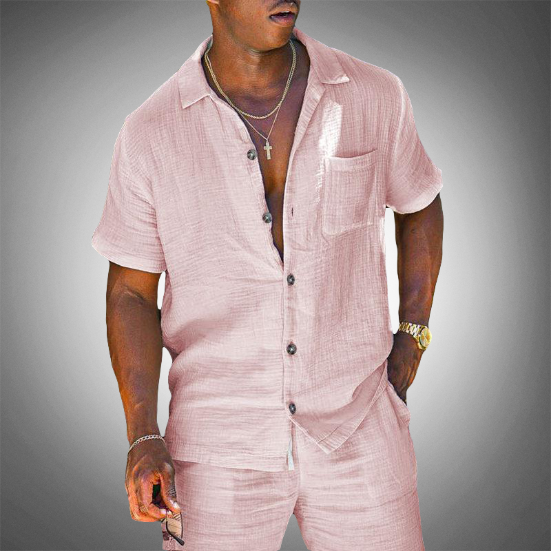 Comfortable men's linen blend two-piece set in a casual summer style. Breathable lounge wear for spring/summer.