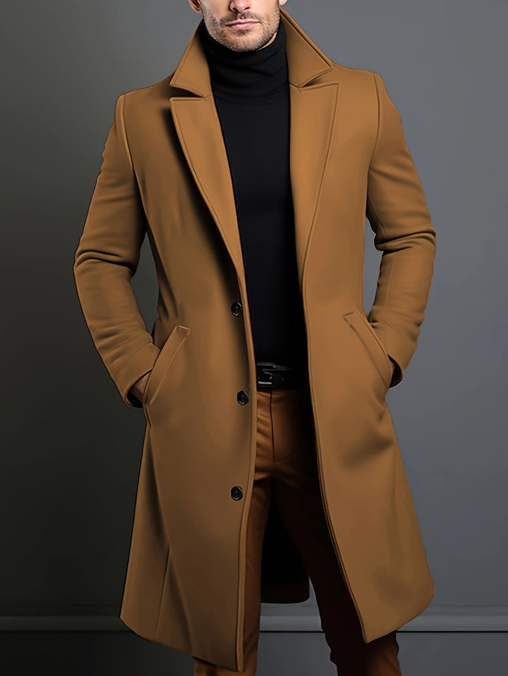 Men's long single-breasted lapel overcoat, classic style, ideal for professional wear and cold weather.