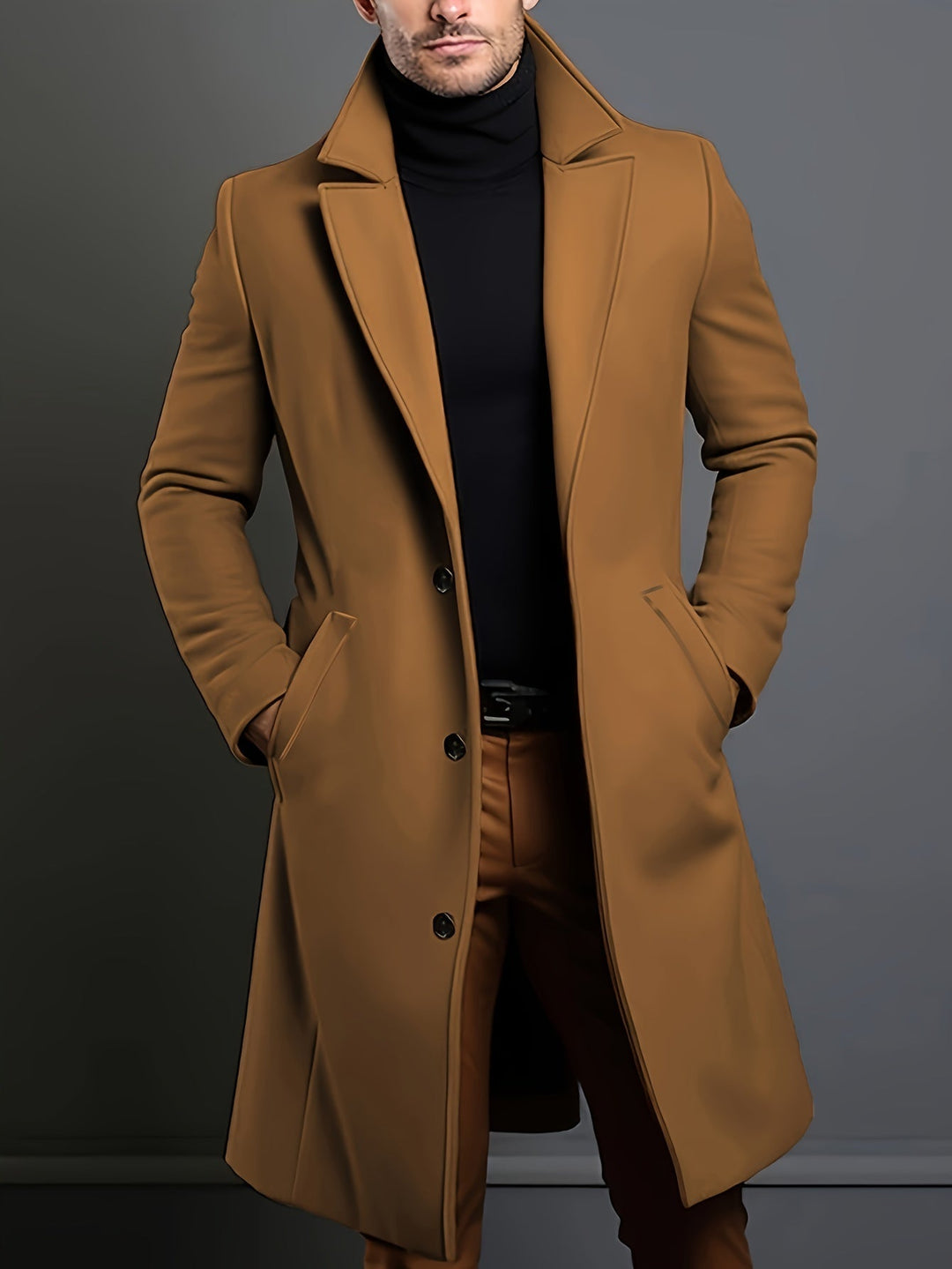 Russell men's winter coat. A long single-breasted overcoat with a sophisticated lapel for cold weather.