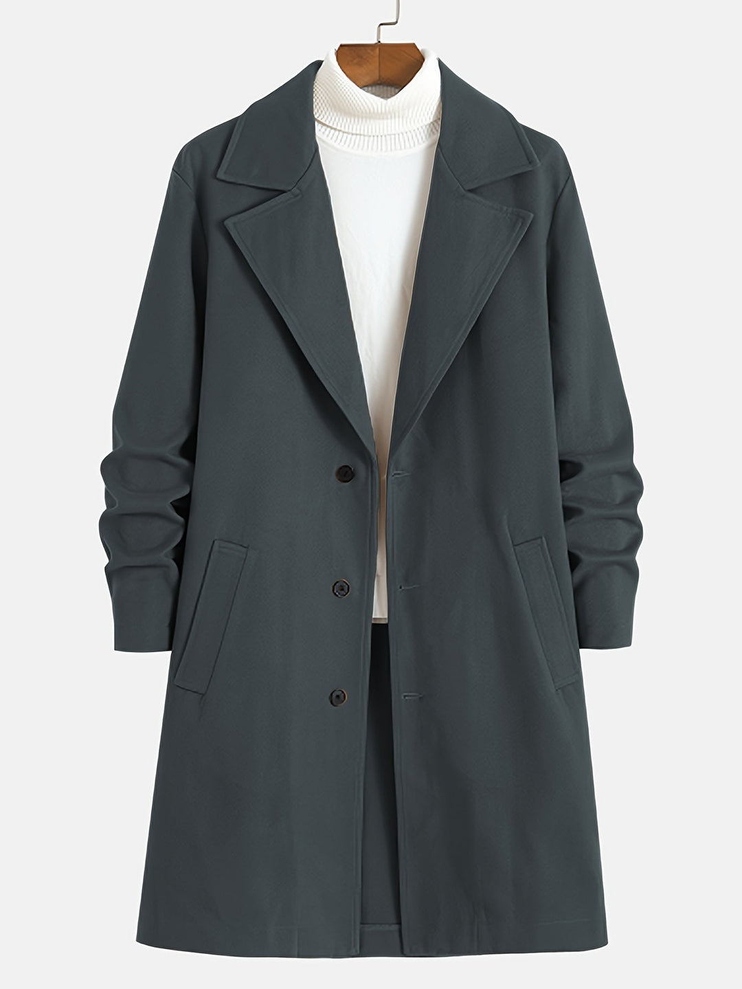 Elegant men's long lapel overcoat. A professional single-breasted coat for business casual and dress outfits.
