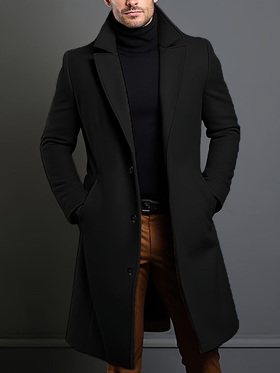 Men's long single-breasted overcoat. Lapel detail, ideal for professional wear & cold weather fashion.