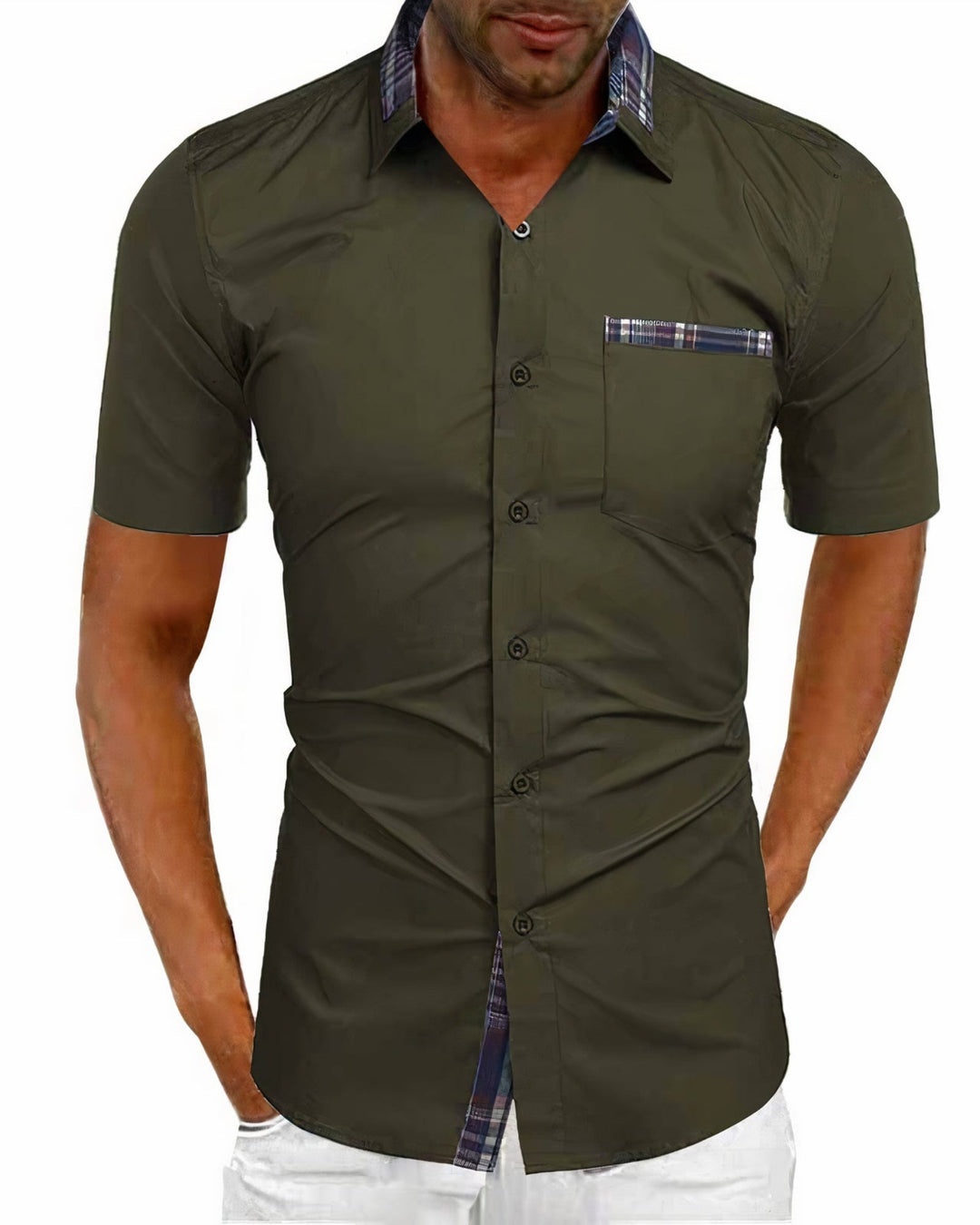 Stylish men's long sleeve button-down shirt with subtle plaid accents, ideal for casual fashion.