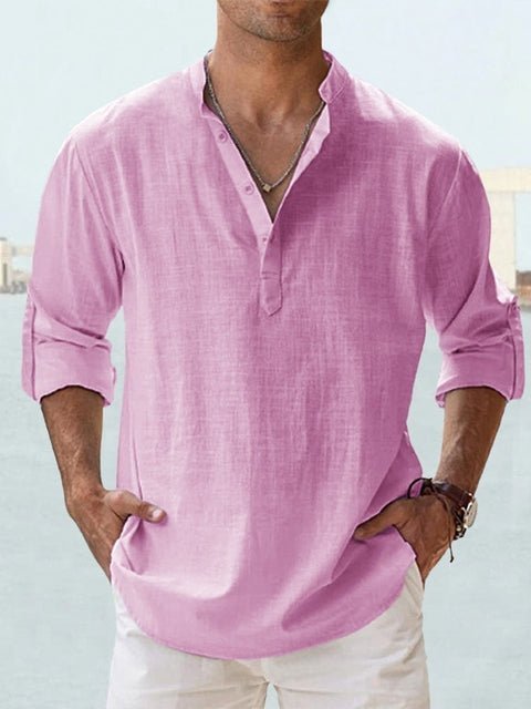 Close-up: Men's long sleeve Henley shirt with mandarin collar & button detail, ideal for casual style.