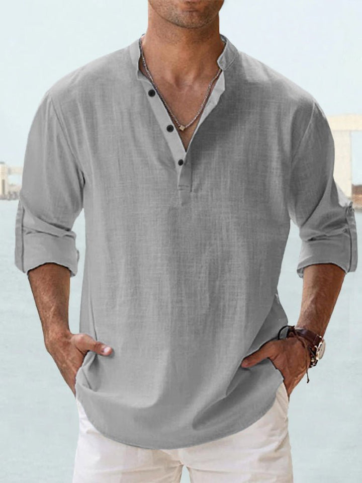 Comfortable men's casual Henley shirt, long sleeve with mandarin collar, for everyday relaxed fit.
