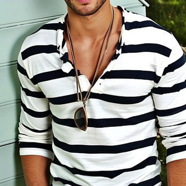 Mens casual striped long sleeve Henley top, perfect for summer comfort.