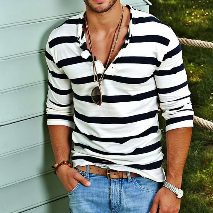 Casual men's striped long sleeve Henley shirt, a comfortable everyday top.