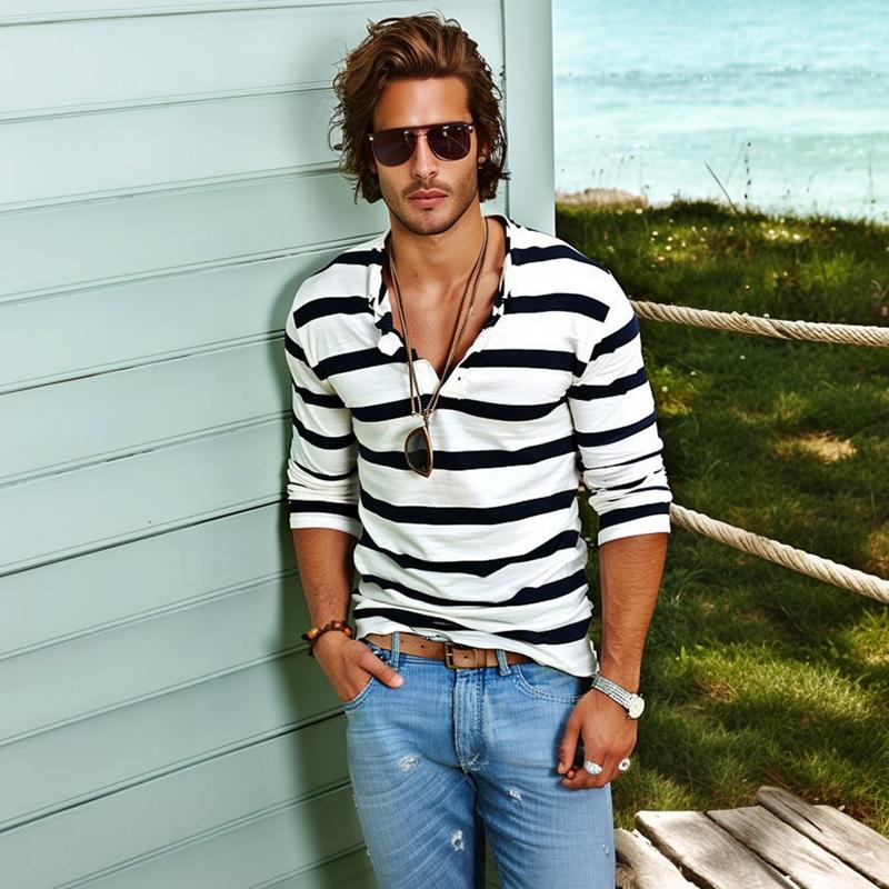Striped long sleeve men's Henley top, perfect casual t-shirt for daily comfort.