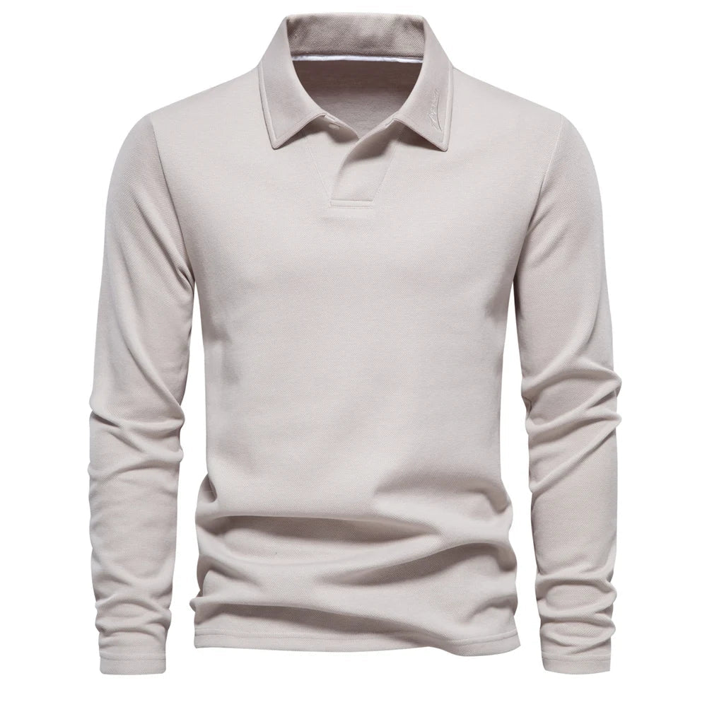 Versatile men's long-sleeve polo with turn-down collar, perfect for all-season casual and smart casual fashion.