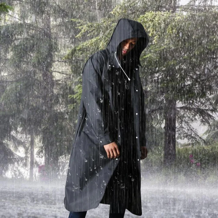 Stylish black men's waterproof hooded raincoat. Long all-weather jacket for heavy-duty rain protection & outerwear.