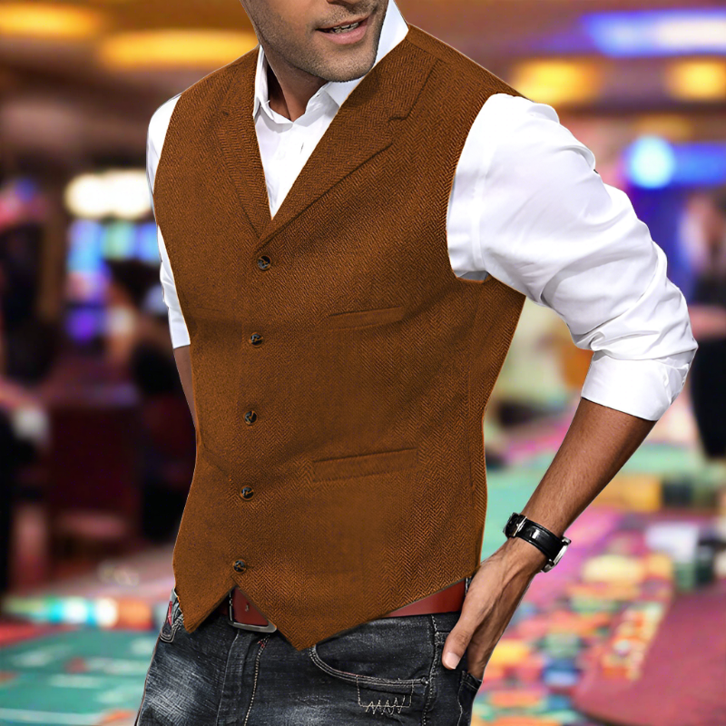 Man wearing an elegant longline V-neck suit vest, ideal for a refined formal or business look.