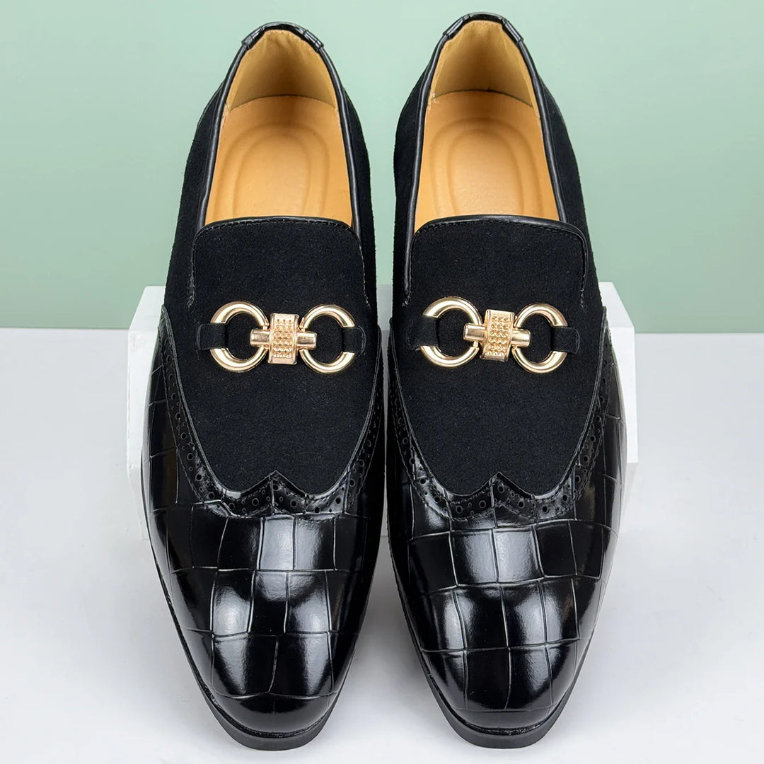 Classic men's brown leather loafers, crocodile print, top-quality luxury footwear for any event