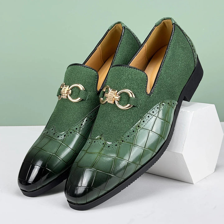 Stylish men's brown leather loafers, elegant crocodile print, perfect for formal & luxury fashion