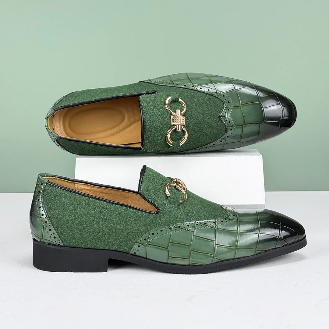 Luxury men's tan leather loafers, exotic crocodile print, high-end footwear for modern gentlemen