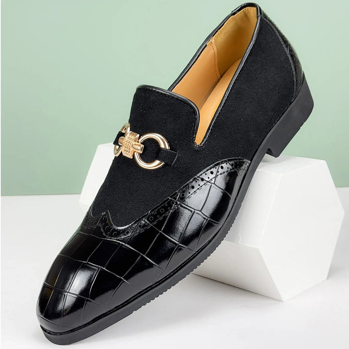 Detailed view of men's black suede loafers, comfortable slip-on design for daily & formal outfits