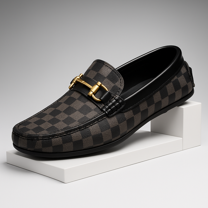 Stylish men's leather loafers with a unique check pattern, perfect for formal or casual outfits