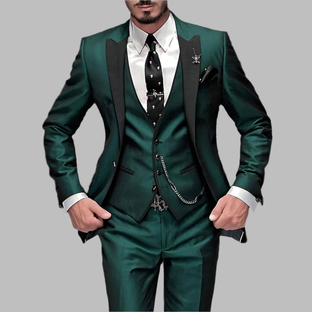 Men's luxury three piece wedding suit set in a dark color, perfect for formal events.