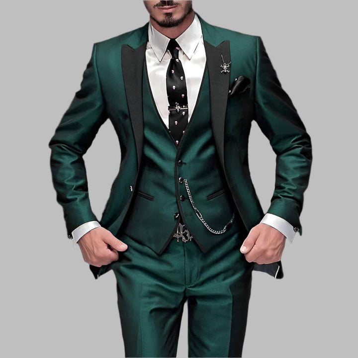 Men's luxury three piece wedding suit set in a dark color, perfect for formal events.